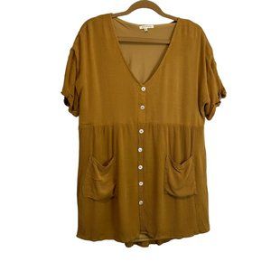 Baevely Mustard Yellow Gold Lagenlook V Neck Button Up Short Sleeve Dress Size M